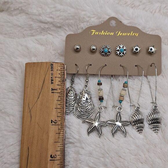 Bohemian beach style earrings starfish oyster conche shells hearts beaded - Picture 4 of 7